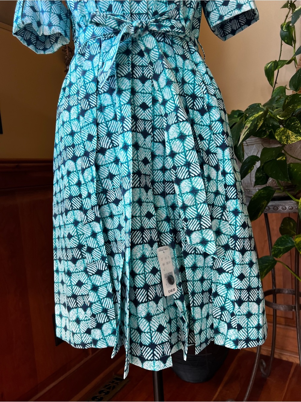 Brooks Brothers 346 NWT Teal Geometric Print Dress with Tie Waist Women’s 6 - Picture 4 of 9